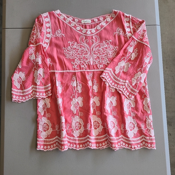 Sapphire Salmon Colored Embroidered  3/4 Sleeve Peasant Style Top - Picture 6 of 6